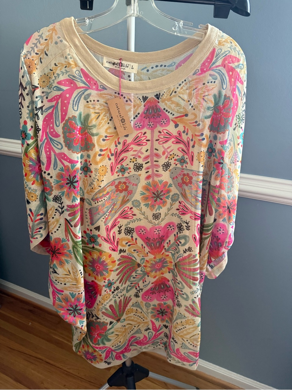 NWT Natural Life Floral Bird Boho Oversized Tunic Top/dress | size Large